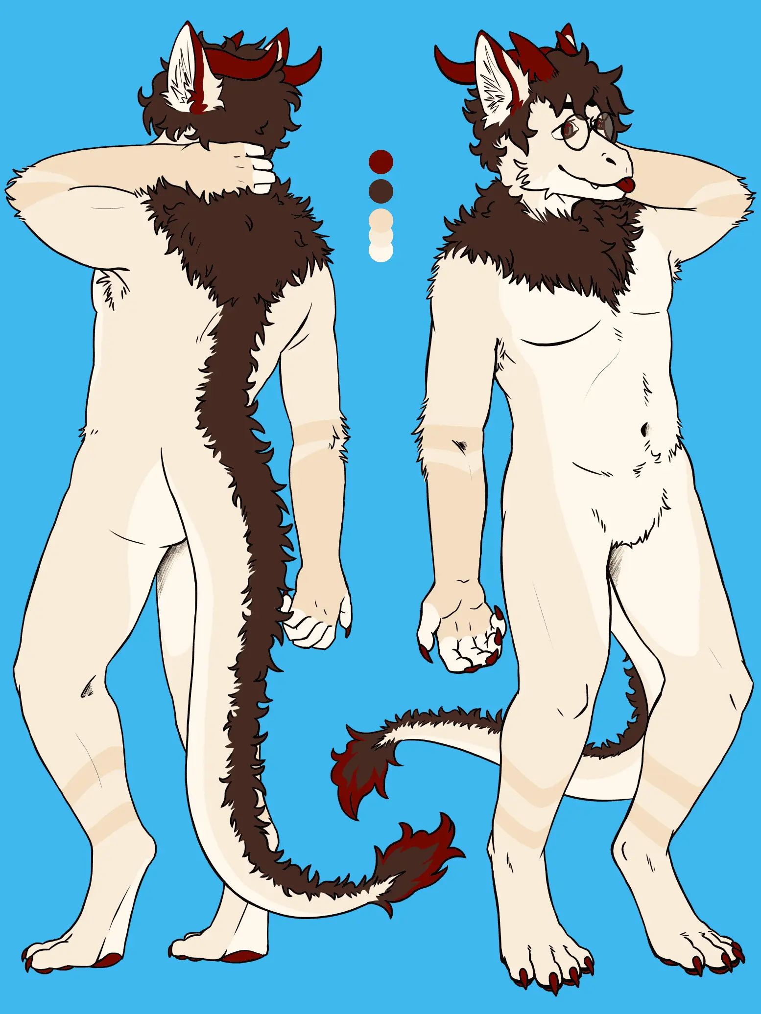 Character sheet of an anthropomorfized 'dragon', with beige fur, brown hair and mane and dark red horns.