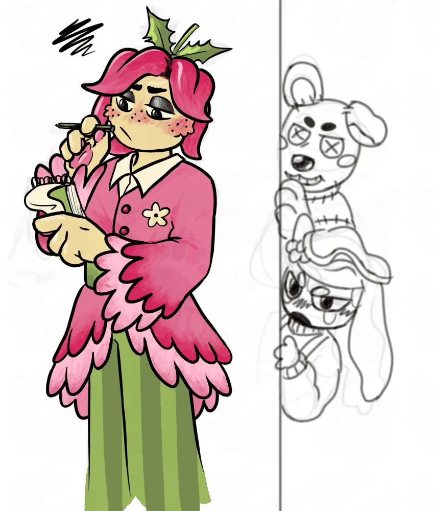 Single character llustration of a humanoid with petals-shaped 'hair' and fluffy face, his clothing is pink and green with petal shaped ends.
