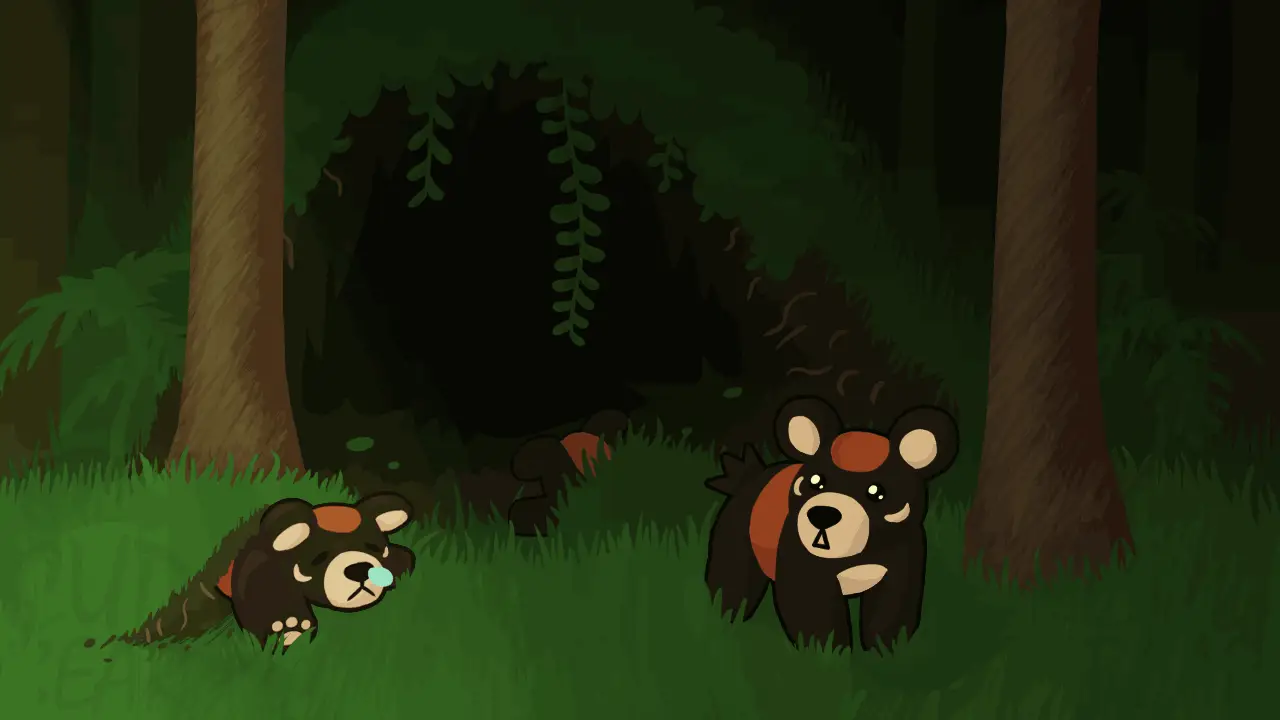 Colored illustration of some little bear-like small creatures, stylized like 'pokemon' creatures, they stand in a grassy forest environment.