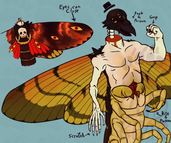 Reference illustration of a monster with the torso of a pale strong man, head of a crow and lower body of a centipede.