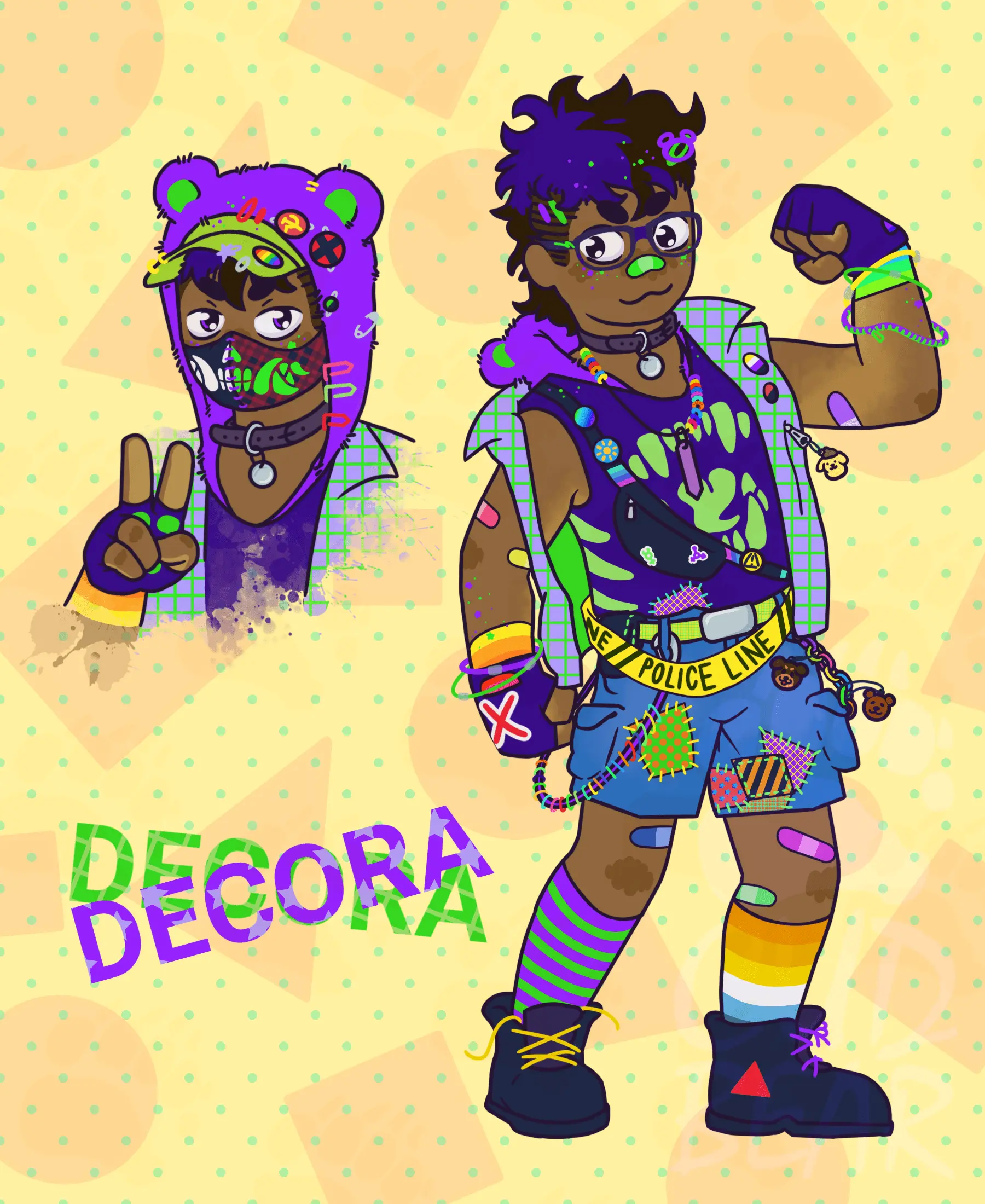 Character using "cluttered" clothing in saturated purples and greens.