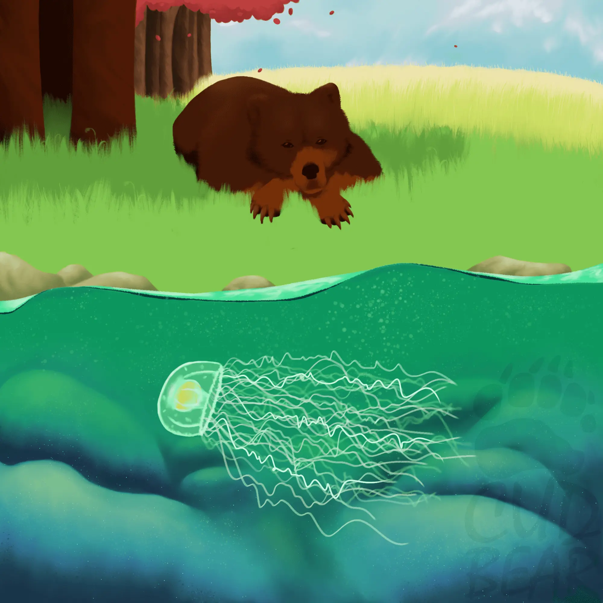 Close-up of a sea jelly in the water and a bear resting below a tree's shadow.