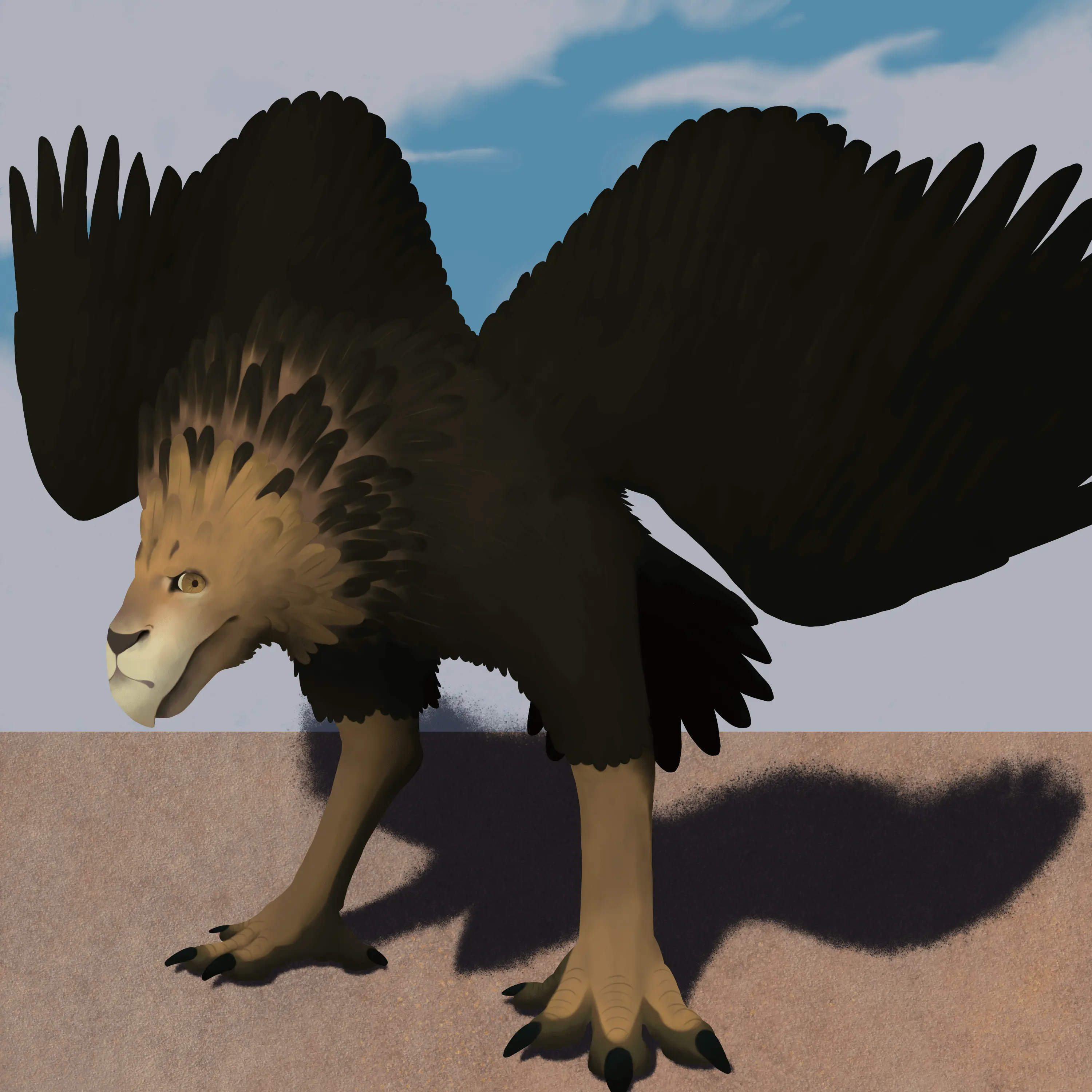 A fully colored drawing of a giant bird whose face mimics a lion's.