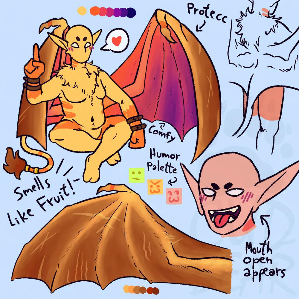 Reference illustration of a pastel yellow humanoid creature with bat wings, the inside of the wings are sunset purple.