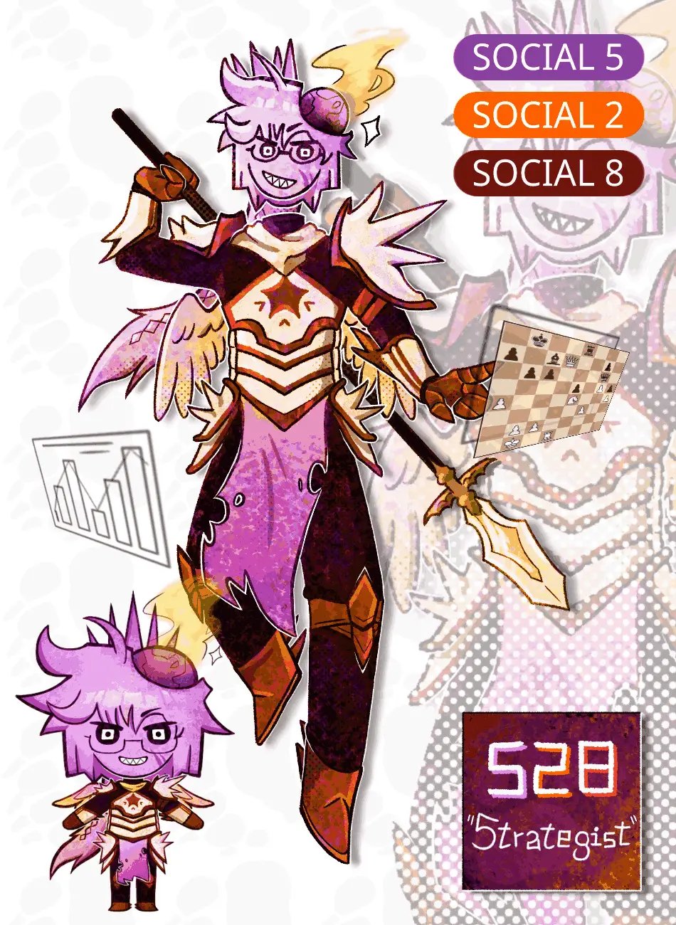 Design inspired by @so3sx8lover's take on Tritype Typology, purple colored person wearing red-ish and white armor and wielding a shiny golden polearm.