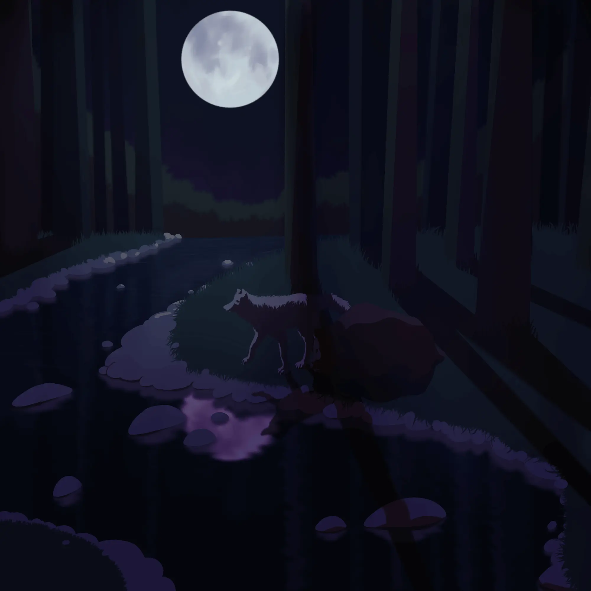 Colored, dark but warm illustration of a wolf and a bear walking by a river in the woods at night.