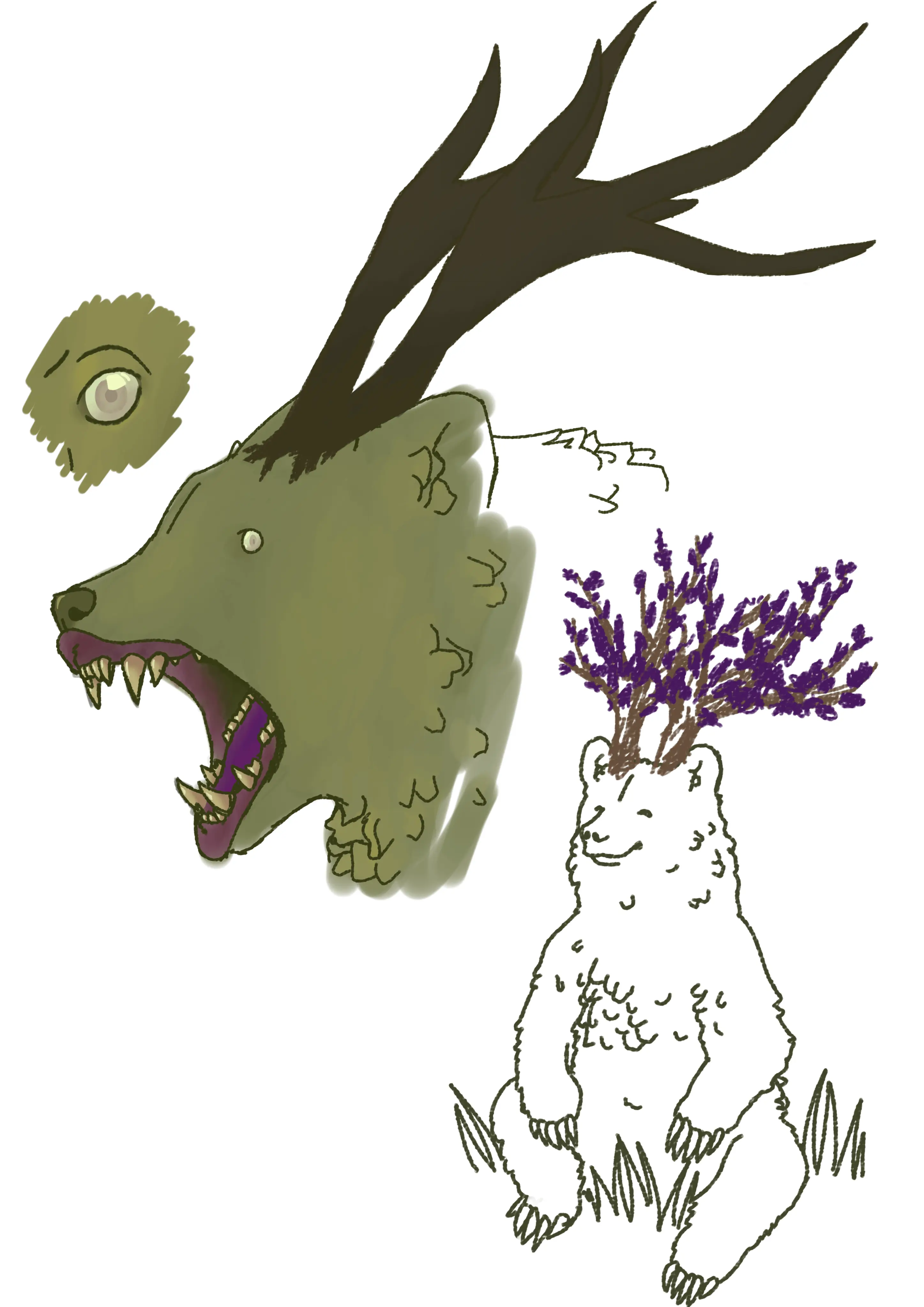 An illustration bear-like creature, featuring green lichen instead of fur and tree-like horns.