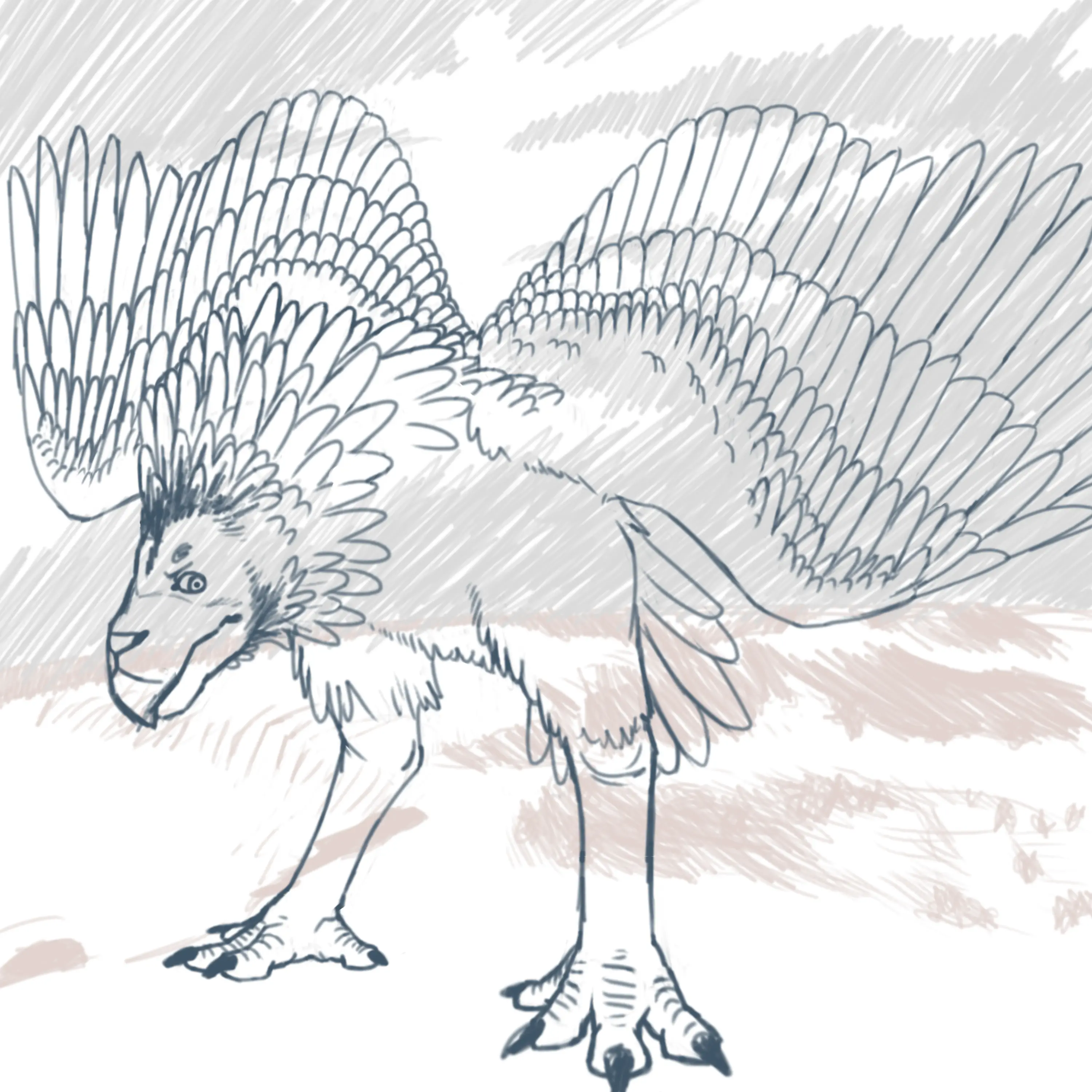 A sketch of a giant bird, similar to both an emu and a bird of prey, its face mimics a lion's.