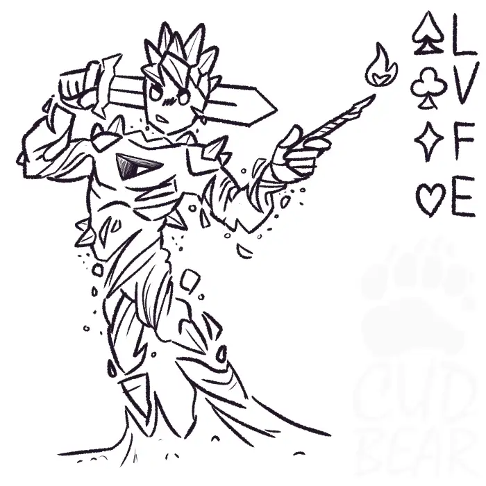 Simple lineart of a humanoid made of earth holding a sword with its right hand and a wooden wand with its left hand. "LVFE" written in the upper corner of the image.