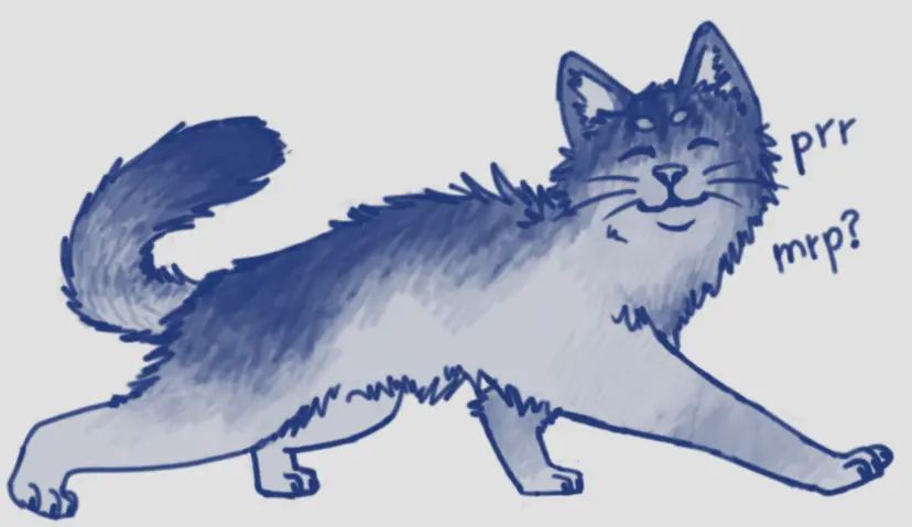 Blue-crayon stylized sketch of a fluffy smiling cat.