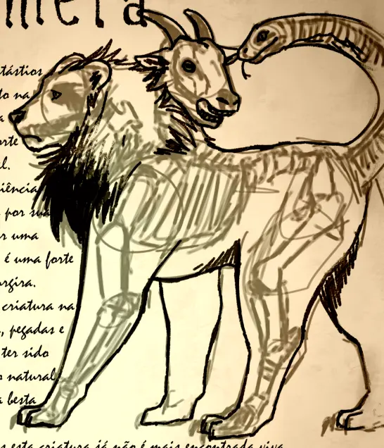 Rough anatomy sketch of a chimera, revealing bones as if observed in a study or science book.