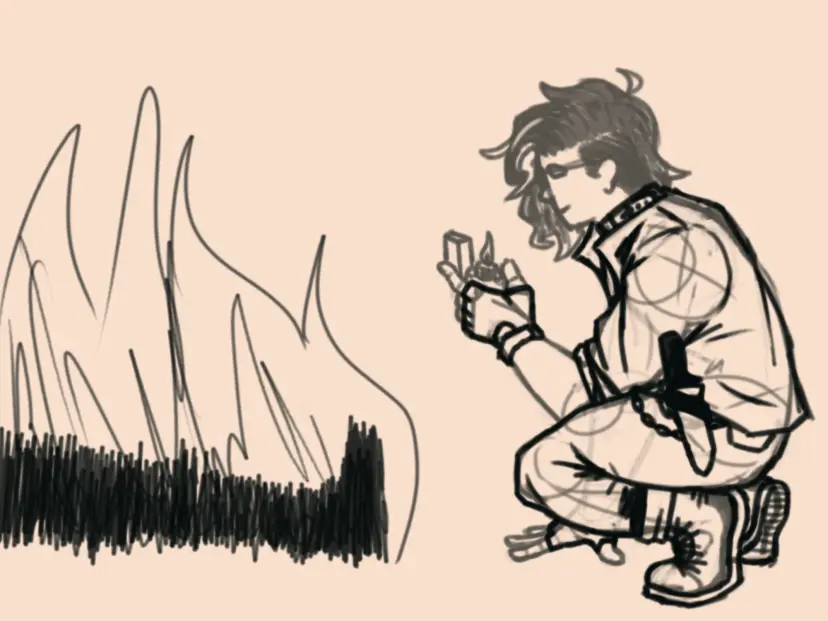 Sketch of a crouched person, holding a lighter, next to a lying down person on fire.