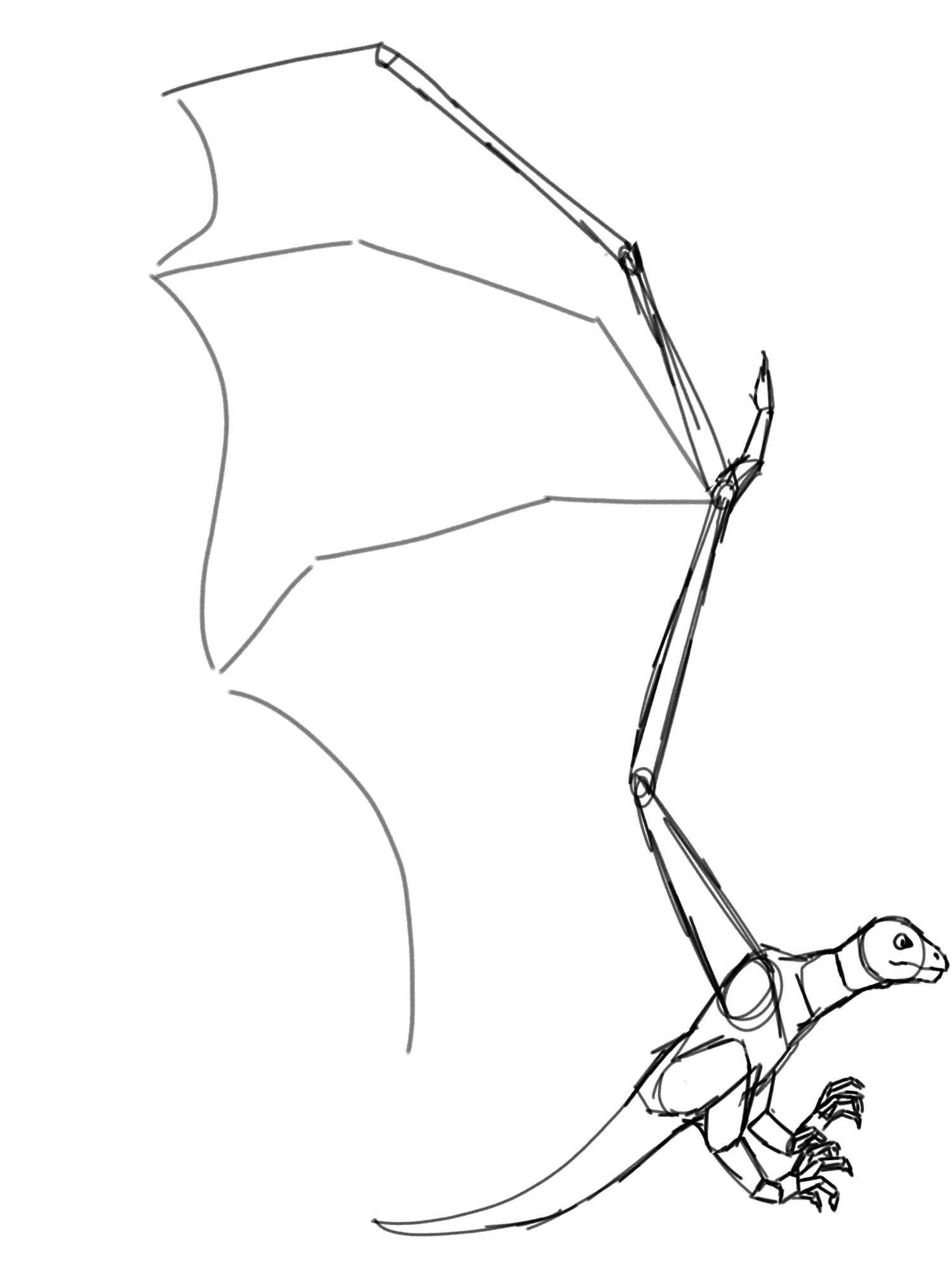 A bat winged dinosaur mid-flight, wings spreading upwards and claws extended like an eagle.
