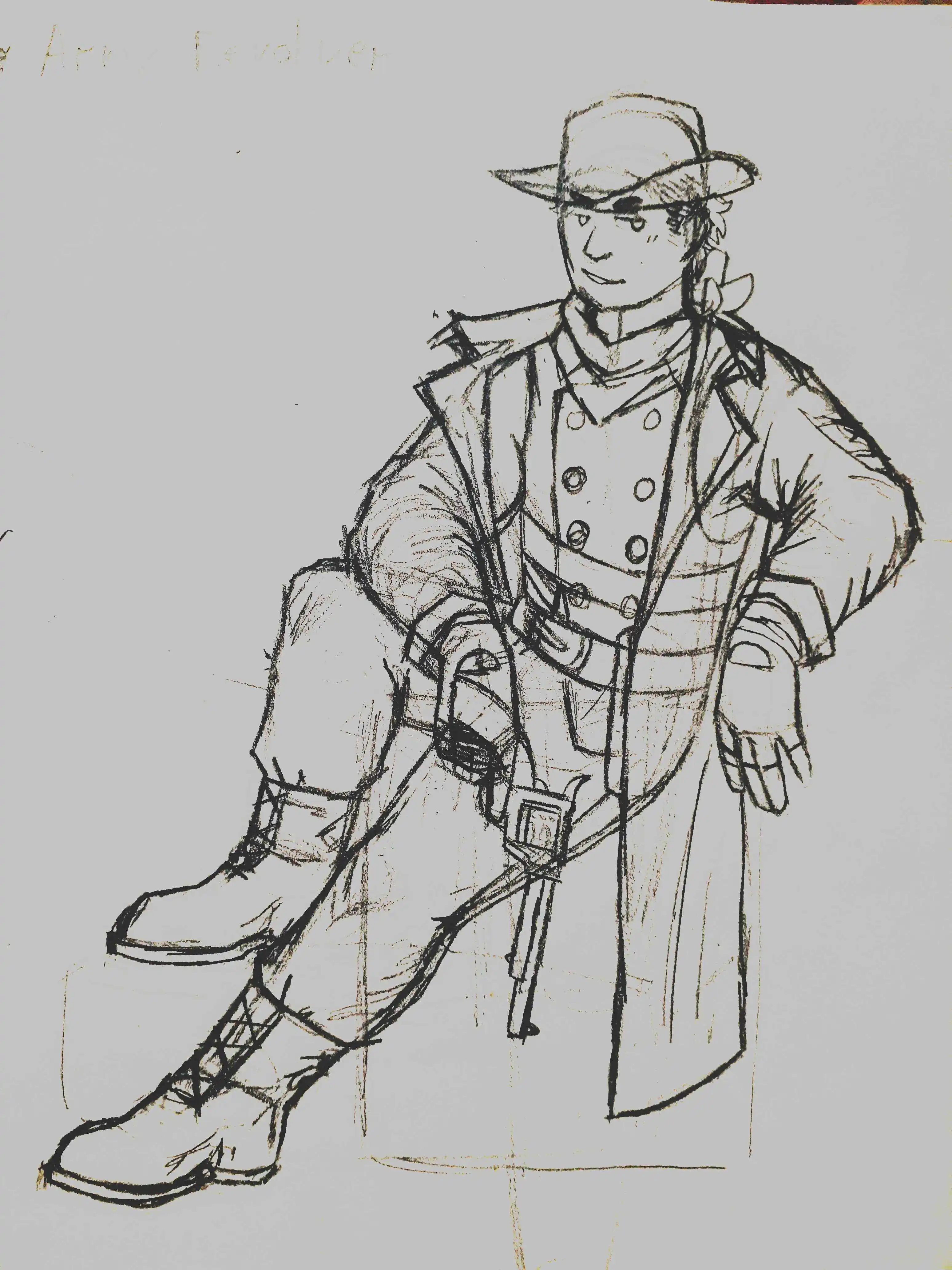 Sketch of a person with historical clothing, including overcoat and cowboy hat.