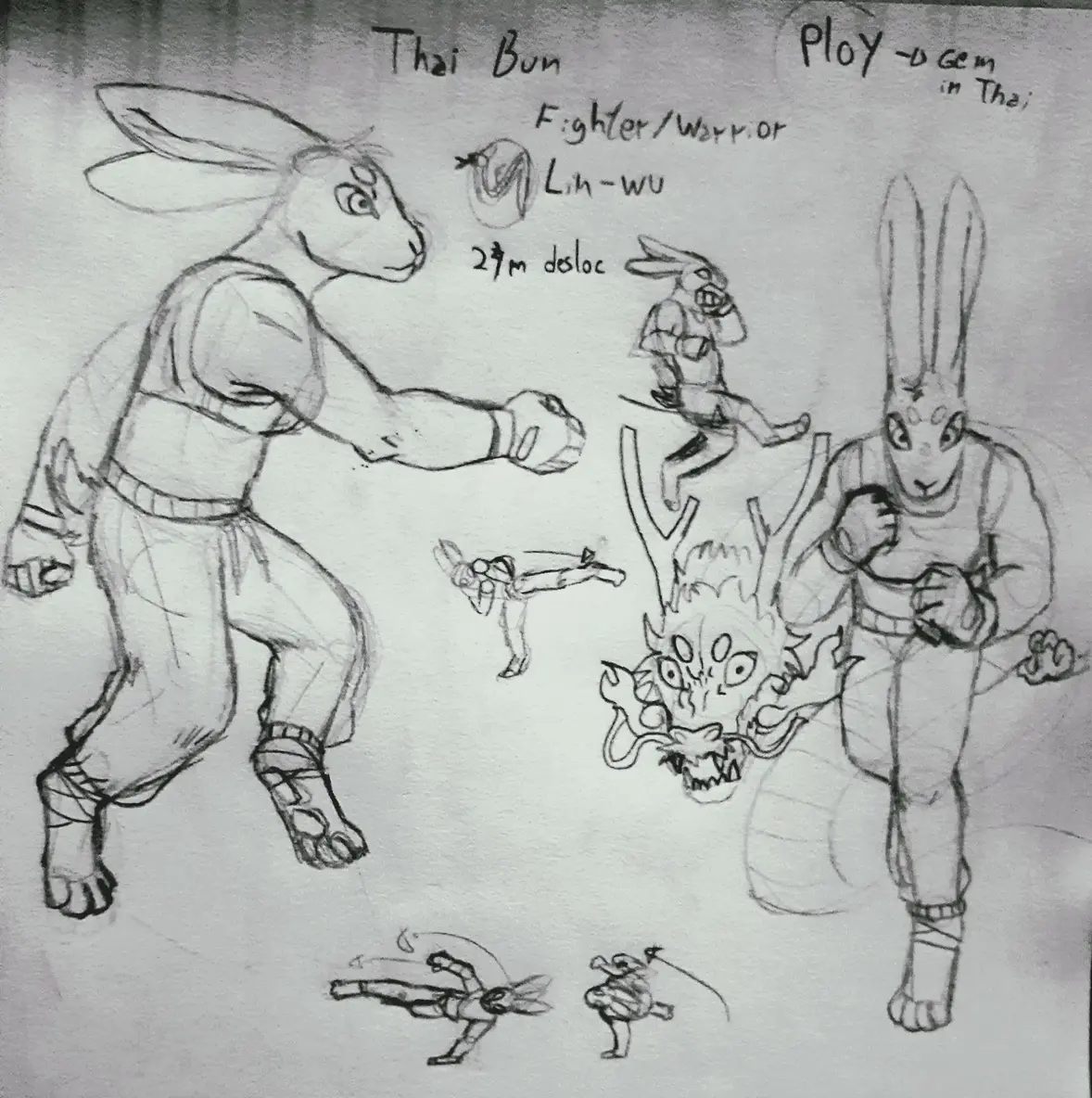 Several traditional sketches of a rabbit-head humanoid in fighting poses.