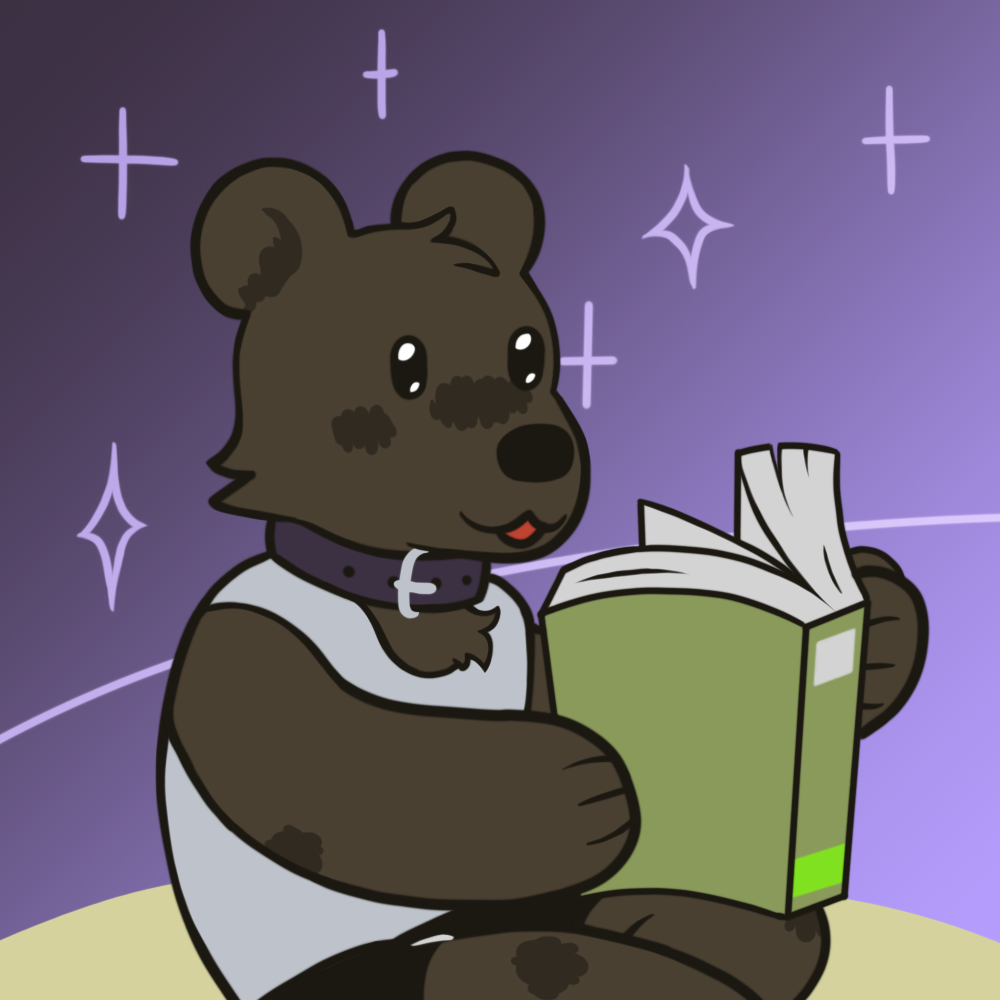 A cheerful brown bear in purple background, stylized drawing. It wears a white tank top and a purple dog collar. The bear  holds a book.