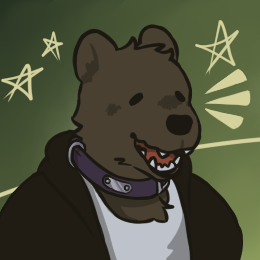 A stylized drawing of a cheerful brown bear in green background. It wears a white shirt, a black coat and a purple dog collar.