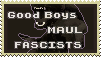 Biting dog silhouette, 'good boys maul homophobes/transphobes/fascists/xenophobes/racists'.