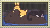 Pixel-art of a bear crossing a river with a yellow bunny and a tuxedo cat on its back.
