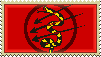 Yellow rattlesnake getting pierced by 3 arrows, in a hollow black circle and red background.